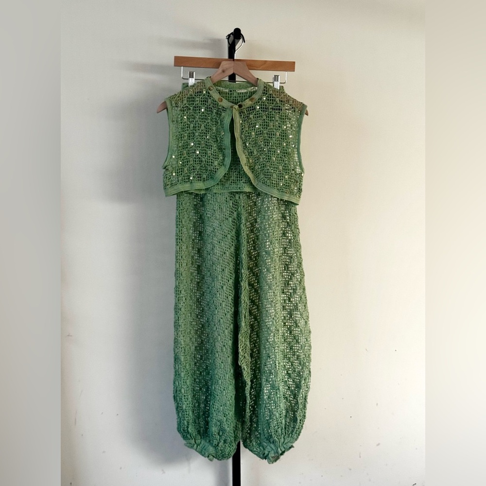 True Vintage 1930s Crochet Set Seafoam Green Gold Harem Balloon Pants - Picture 1 of 7